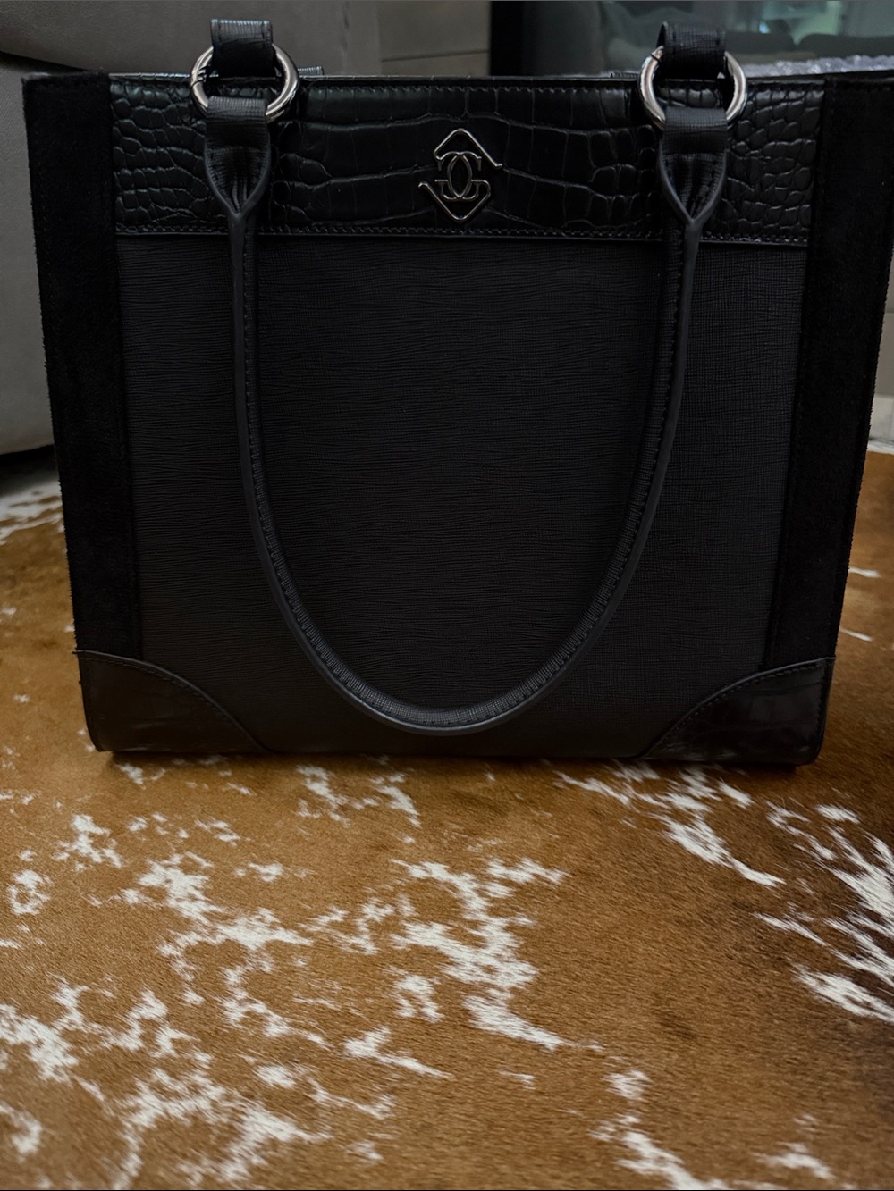 Structured Black Tote with Croc-Texture Trim